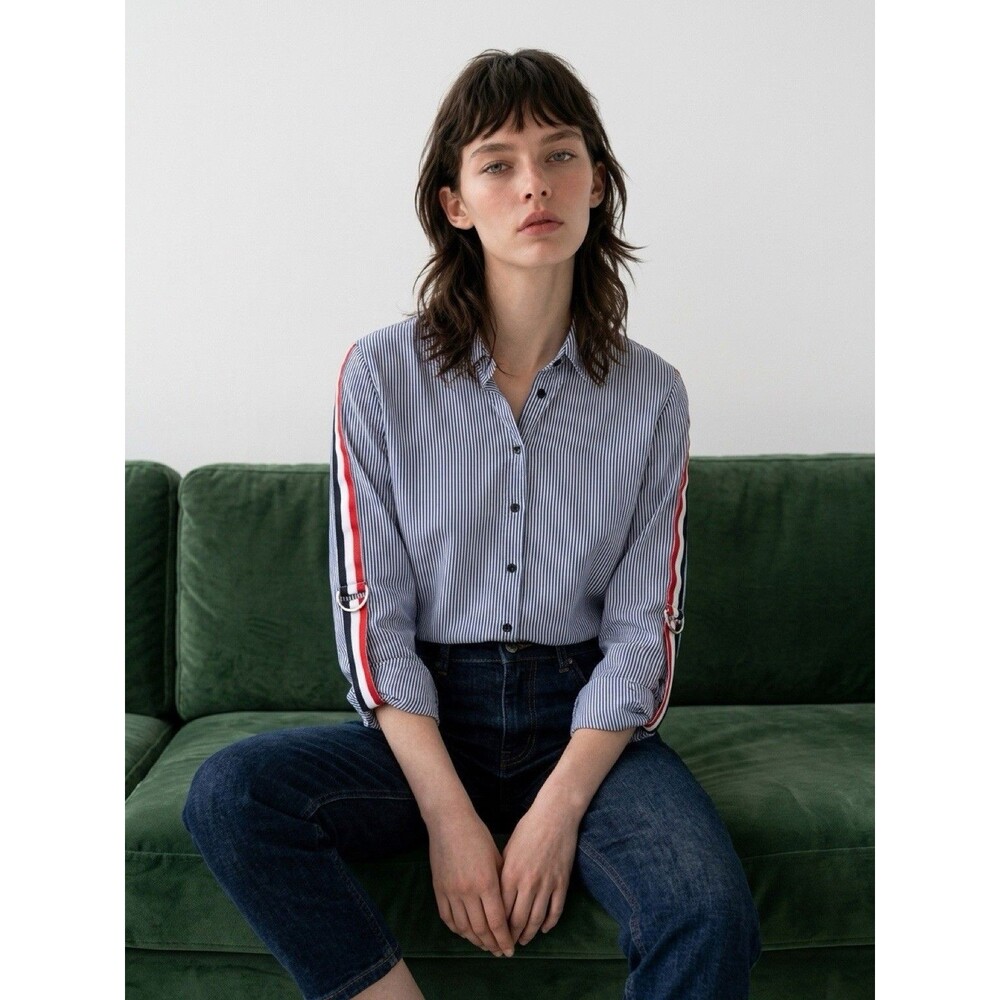 Haute Monde Striped Woven Cotton Button-Up Shirt, Collared Roll Tab 3/4, S